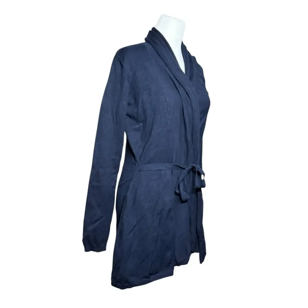ZARA Knit Wrap Cardigan Women Sm Navy Blue Casual‎ Belted Academia Work Stretch